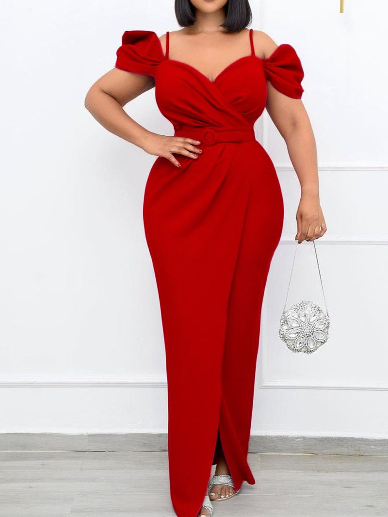 Women's Dresses Sling V-Neck Off-Shoulder Slit Dress