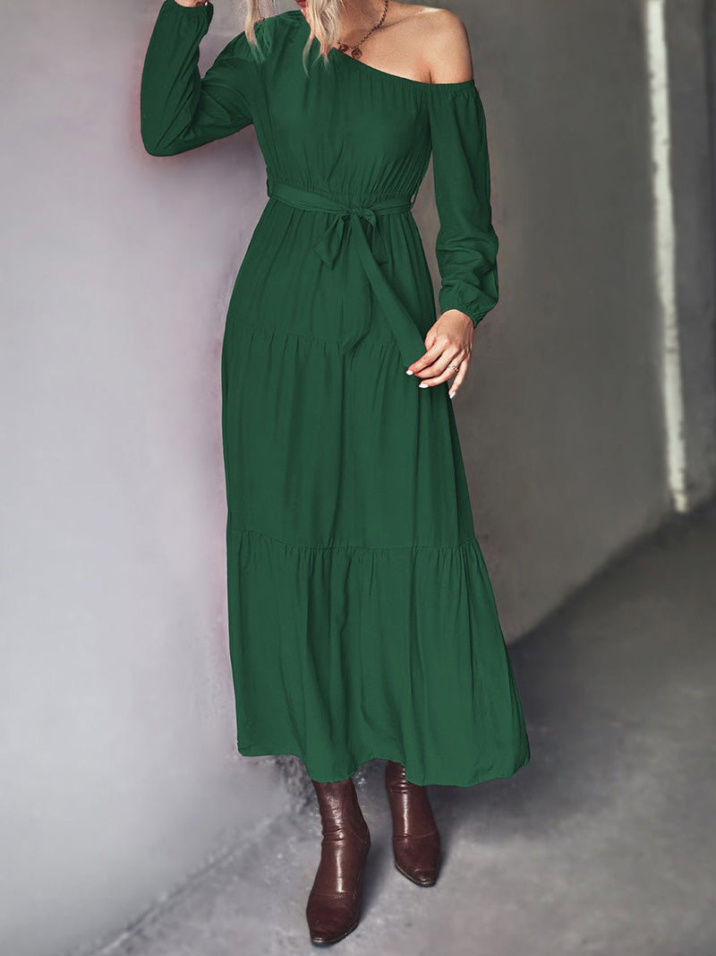 Women's Dresses Sloping Shoulder Tie Long Sleeve Dress