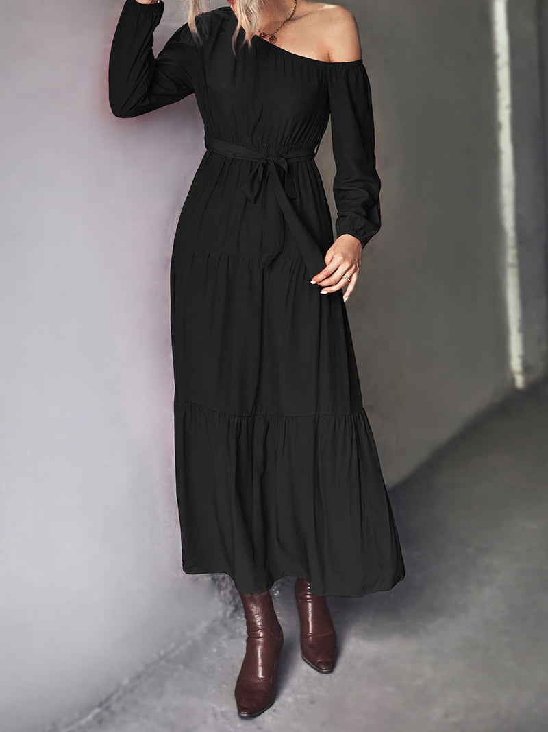 Women's Dresses Sloping Shoulder Tie Long Sleeve Dress