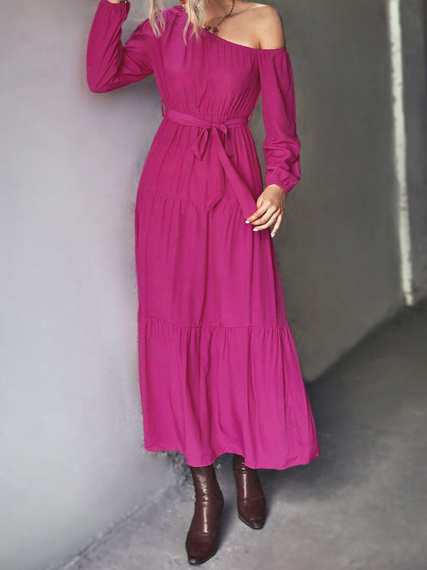 Women's Dresses Sloping Shoulder Tie Long Sleeve Dress