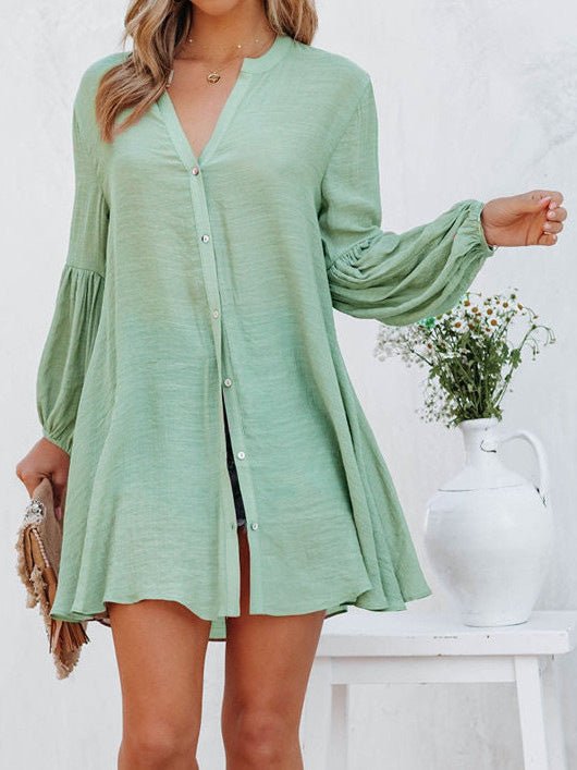 Women's Dresses Solid Button Balloon Sleeve Shirt Dress