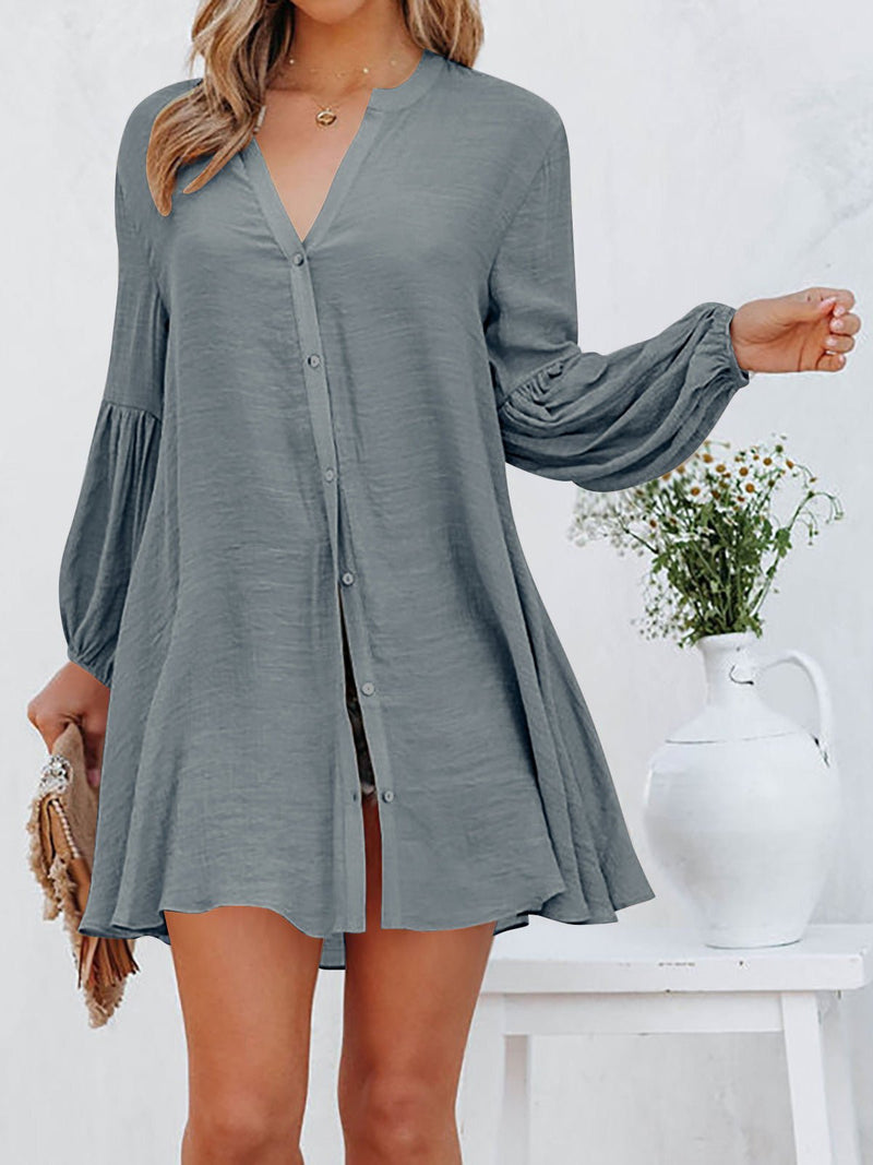 Women's Dresses Solid Button Balloon Sleeve Shirt Dress