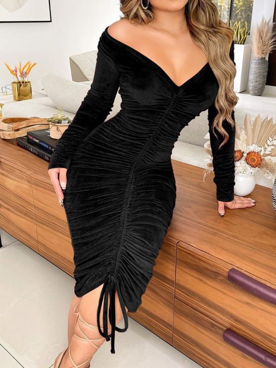 Women's Dresses Solid Gold Velvet Drawstring Long Sleeve Dress