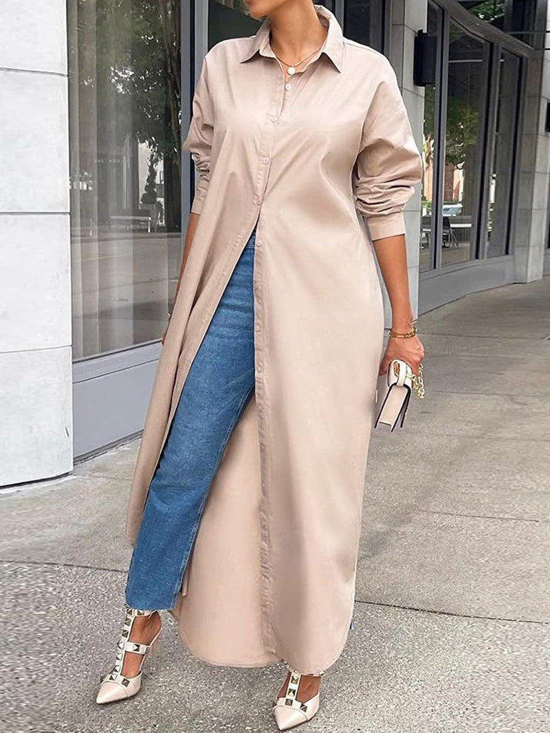 Women's Dresses Solid Long Sleeve Slit Shirt Dress