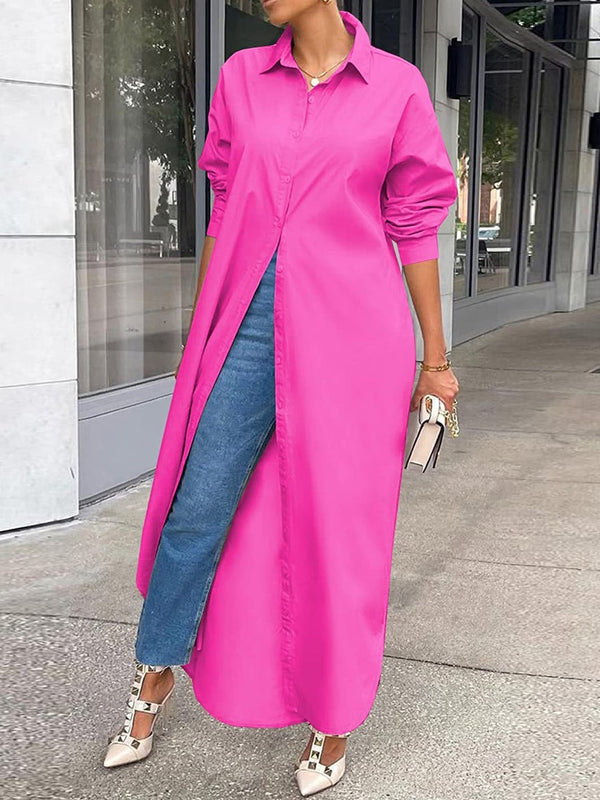 Women's Dresses Solid Long Sleeve Slit Shirt Dress