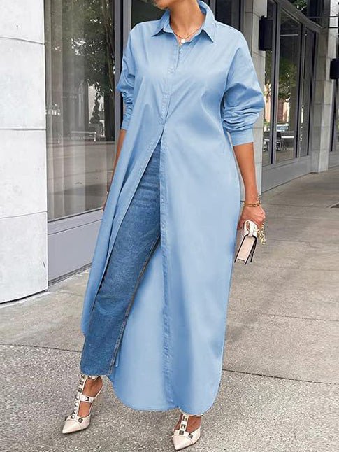 Women's Dresses Solid Long Sleeve Slit Shirt Dress