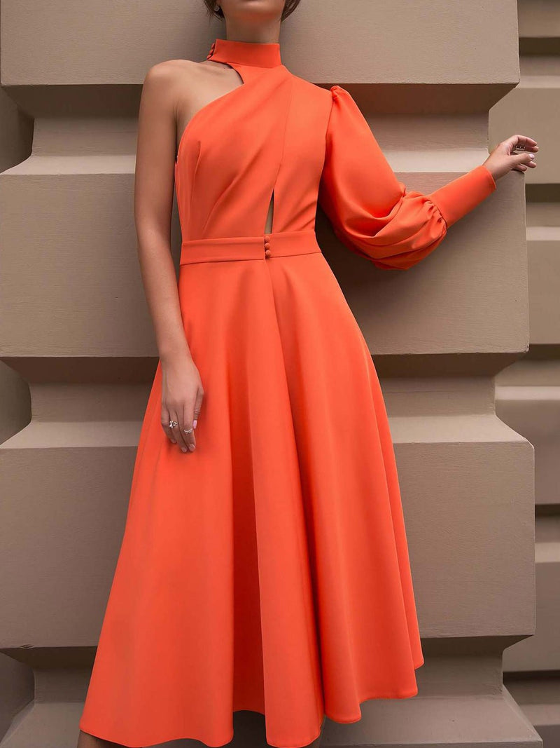 Women's Dresses Solid One Shoulder Hollow Long Sleeve Dress