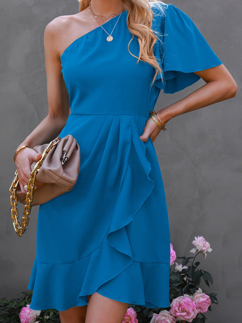 Women's Dresses Solid One Shoulder Ruffle Short Sleeve Dress