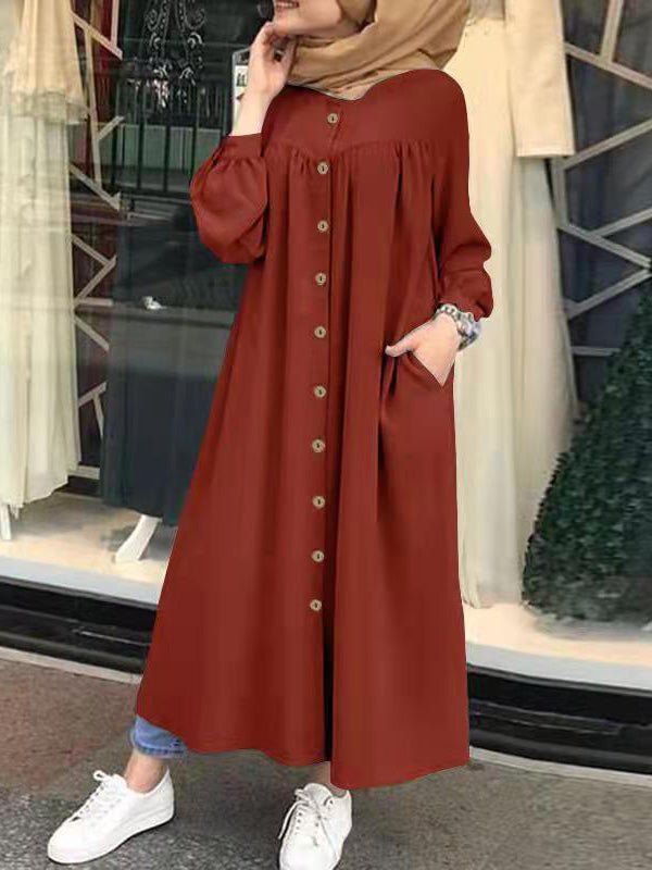 Women's Dresses Solid Pocket Button Long Sleeve Shirt Dress