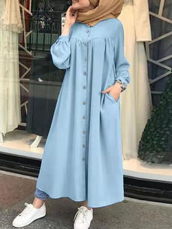 Women's Dresses Solid Pocket Button Long Sleeve Shirt Dress