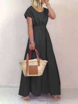 Women's Dresses Solid Round Neck Belt Short Sleeve Dress