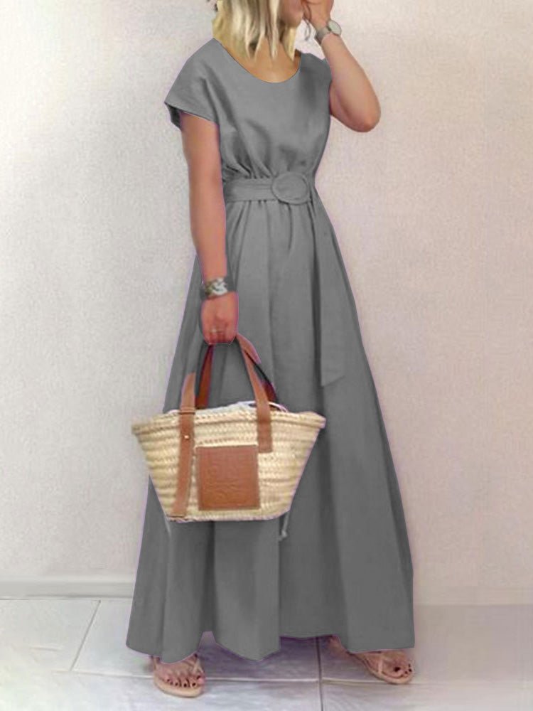 Women's Dresses Solid Round Neck Belt Short Sleeve Dress