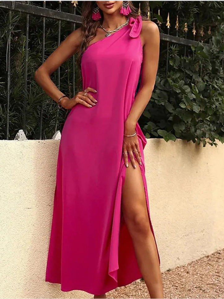 Women's Dresses Solid Slanted Shoulder Sleeveless Slit Dress