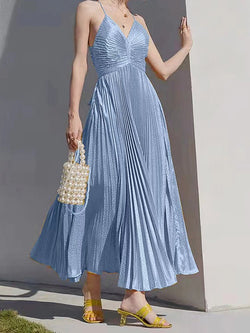 Women's Dresses Solid Strap V-Neck Pleated Maxi Dress