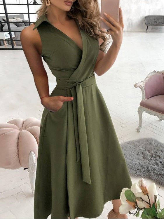 Women's Dresses Solid V-Neck Belted Sleeveless Dress