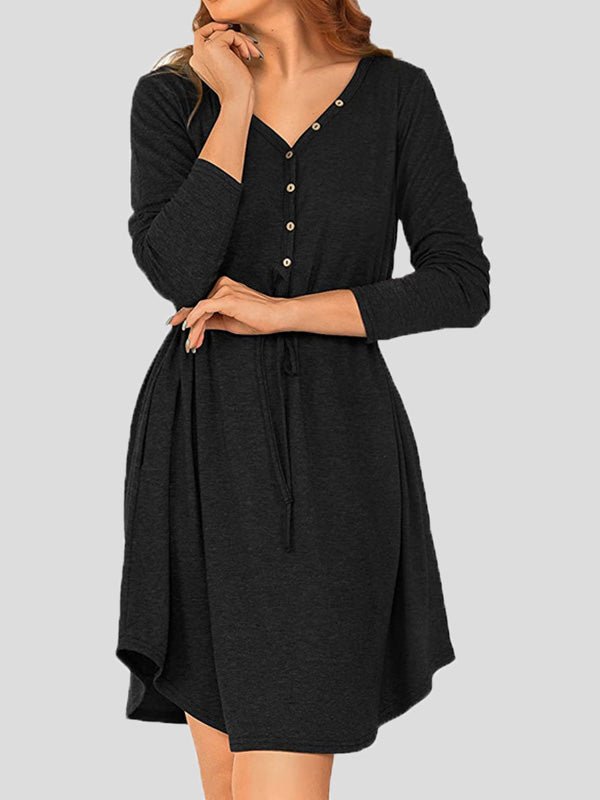 Women's Dresses Solid V-Neck Button Belt Long Sleeve Dress