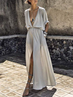 Women's Dresses Solid V-Neck Mid-Sleeve Slit Dress