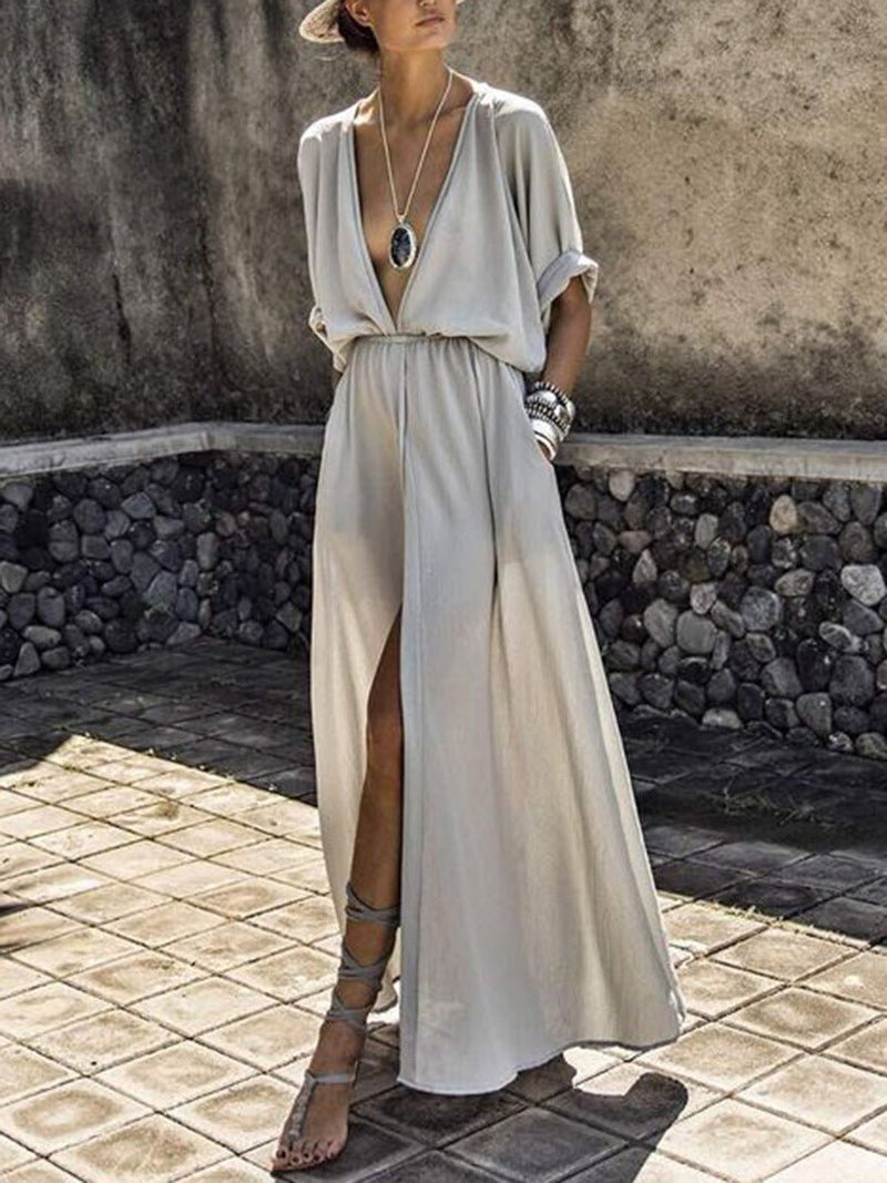 Women's Dresses Solid V-Neck Mid-Sleeve Slit Dress