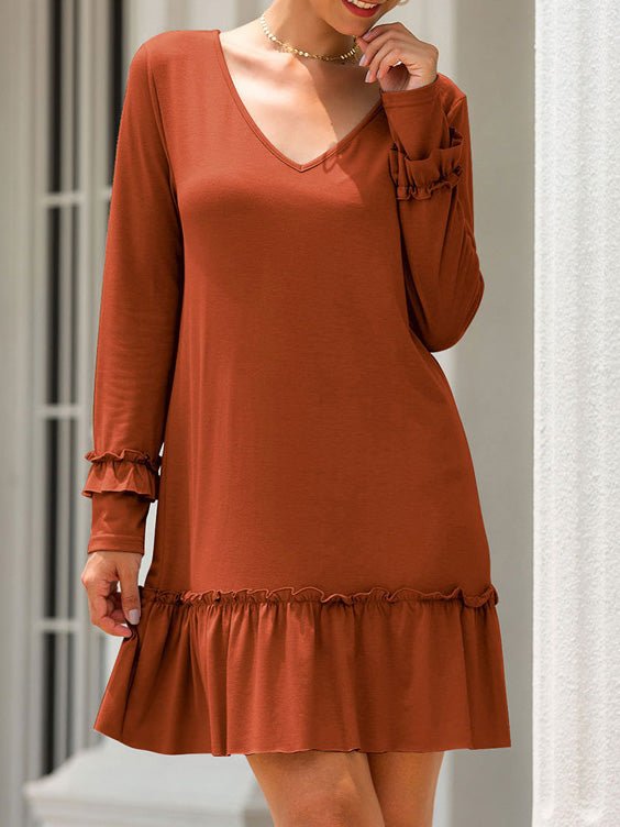 Women's Dresses Solid V-Neck Ruffle Long Sleeve Dress