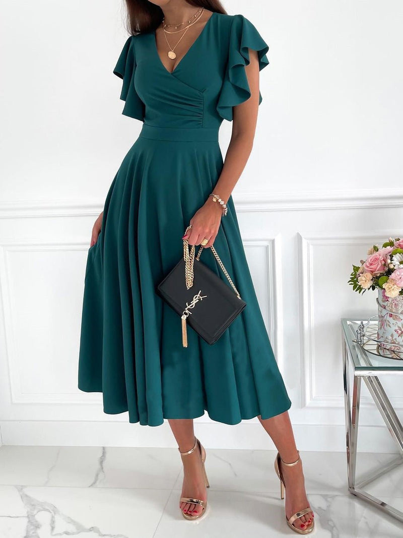 Women's Dresses Solid V-Neck Ruffle Sleeve Dress