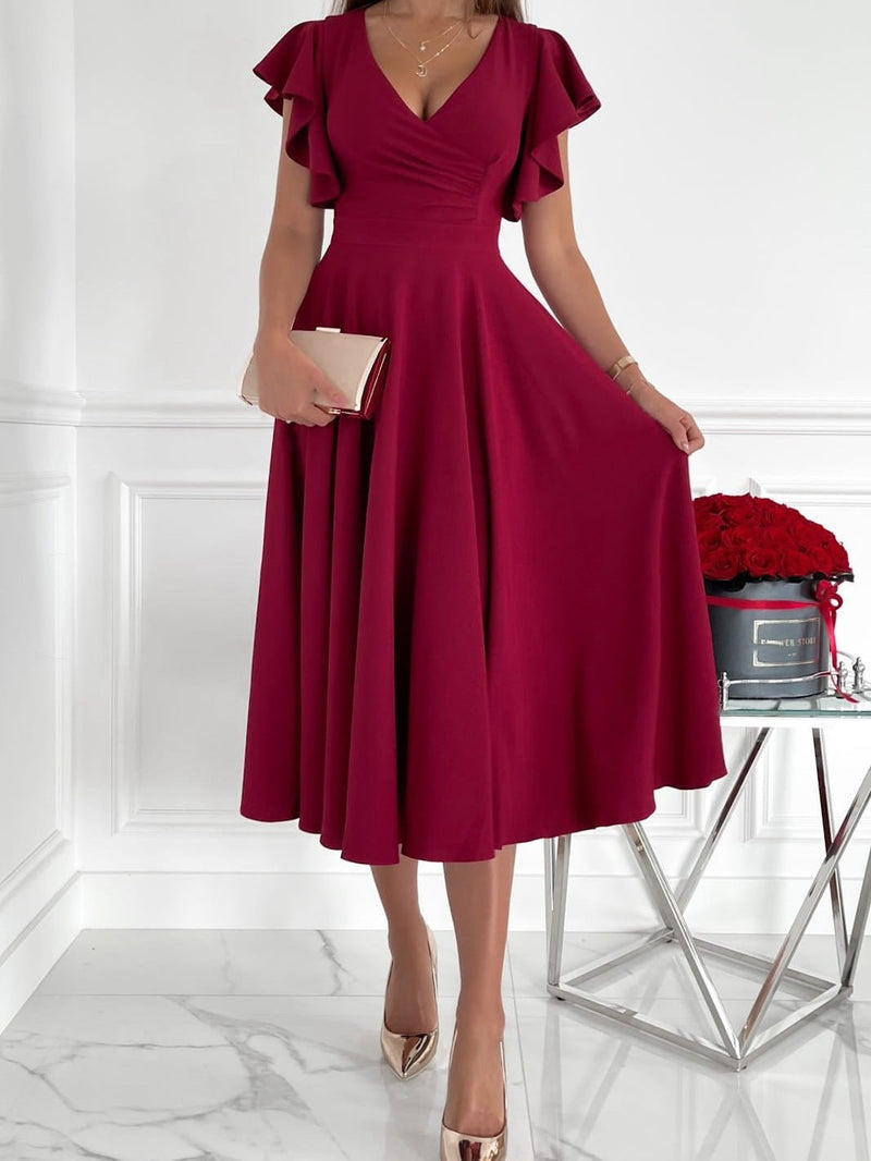 Women's Dresses Solid V-Neck Ruffle Sleeve Dress