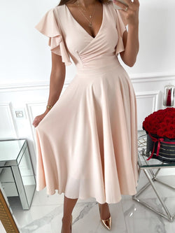 Women's Dresses Solid V-Neck Ruffle Sleeve Dress