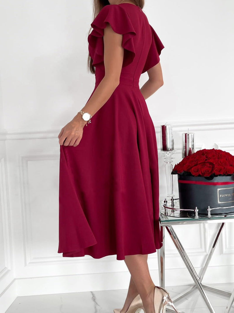 Women's Dresses Solid V-Neck Ruffle Sleeve Dress