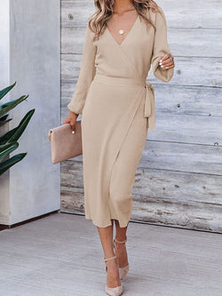 Women's Dresses Solid V-Neck Tie Long Sleeve Knit Dress