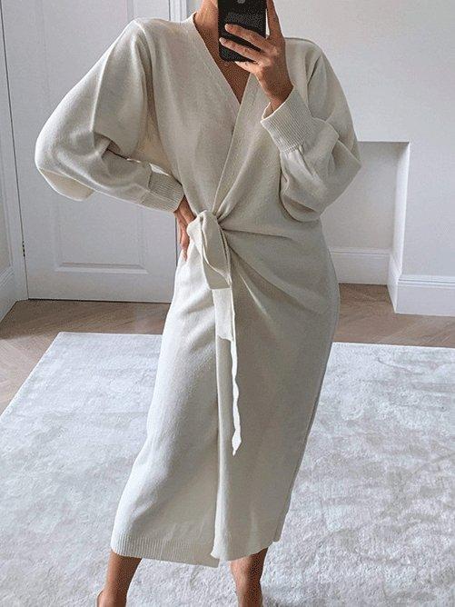 Solid V-Neck Tie Long Sleeve Split Dress