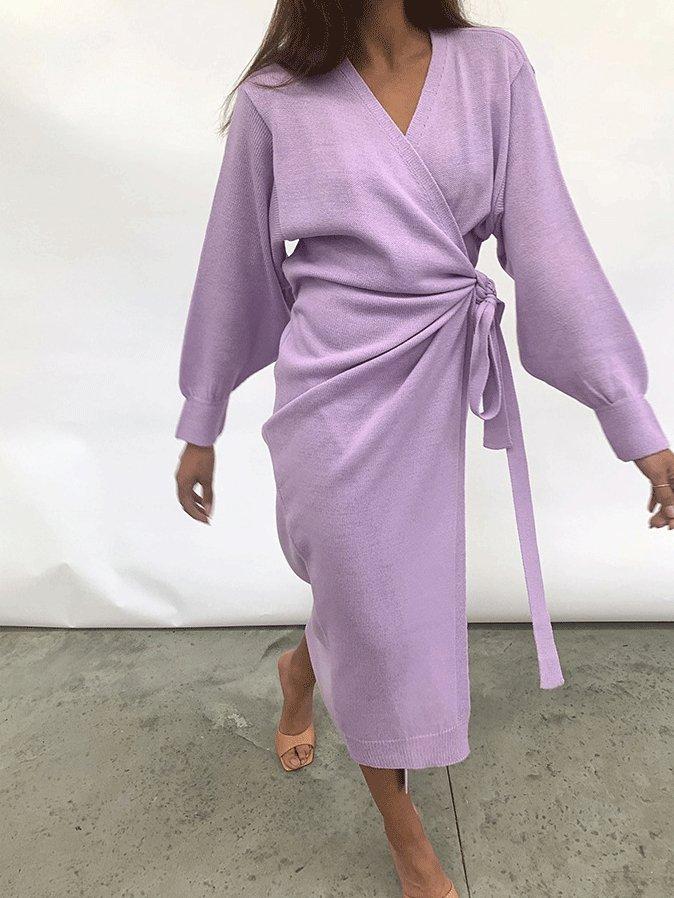 Solid V-Neck Tie Long Sleeve Split Dress