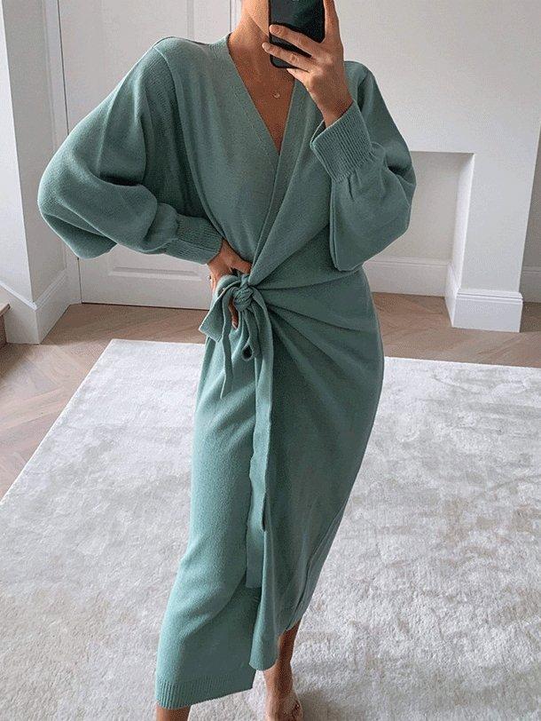 Solid V-Neck Tie Long Sleeve Split Dress