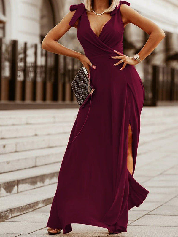 Women's Dresses Solid V-Neck Tie Slit Sleeveless Dress