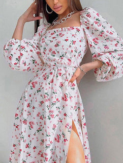 Women's Dresses Square Neck Balloon Sleeve Printed Slit Dress