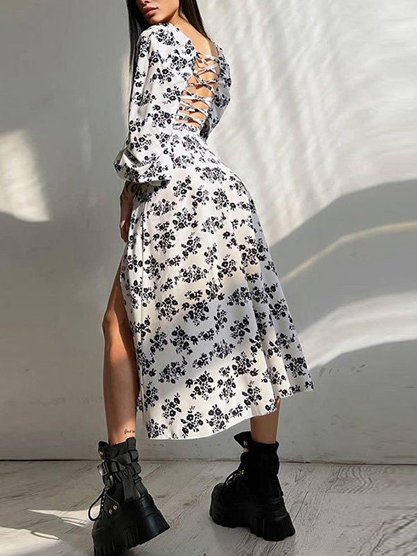 Women's Dresses Square Neck Balloon Sleeve Printed Slit Dress