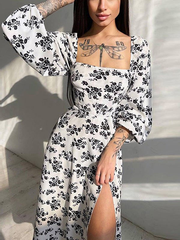 Women's Dresses Square Neck Balloon Sleeve Printed Slit Dress