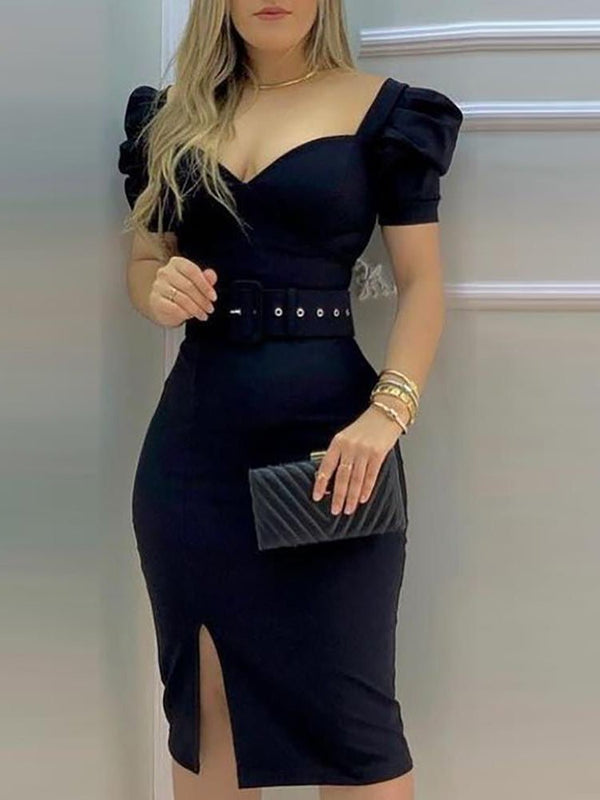 Women's Dresses Square Neck Belt Puff Sleeve Skinny Slit Dress