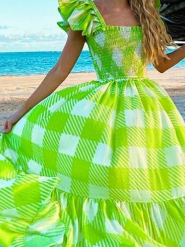 Women's Dresses Square Neck Check Print Beach Dress