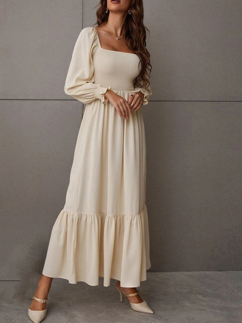 Women's Dresses Square Neck High Waist Long Sleeve Ruffle Dress