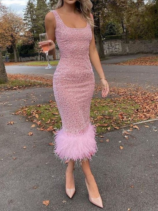 Women's Dresses Square Neck Sequin Slim Fit Feather Swing Dress