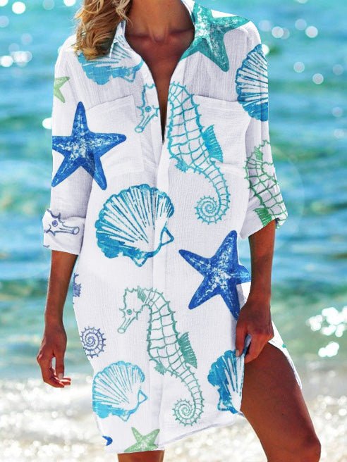 Women's Dresses Starfish Lapel Long Sleeve Shirt Dress