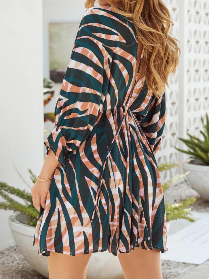 Women's Dresses Stripe Print V-Neck Belted Long Sleeve Dress