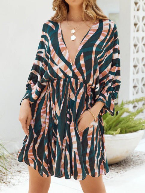 Women's Dresses Stripe Print V-Neck Belted Long Sleeve Dress