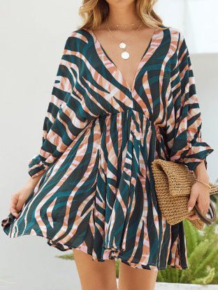 Women's Dresses Stripe Print V-Neck Belted Long Sleeve Dress