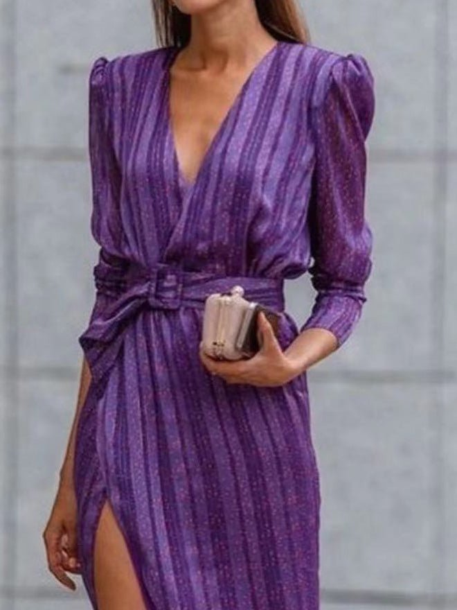 Women's Dresses Striped Belt Long Sleeve Slit Dress