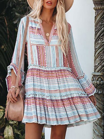 Women's Dresses Striped Print V-Neck Long Sleeve Dress