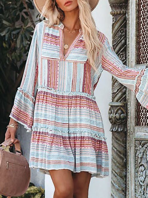 Women's Dresses Striped Print V-Neck Long Sleeve Dress