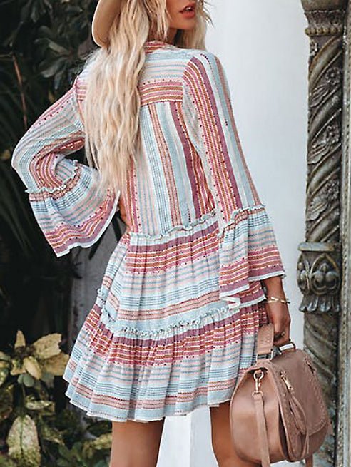 Women's Dresses Striped Print V-Neck Long Sleeve Dress