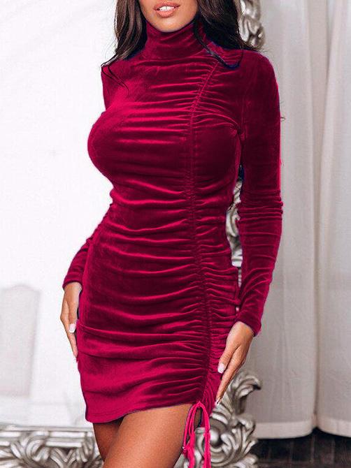 Suede Drawstring High Neck Long Sleeve Tight Dress