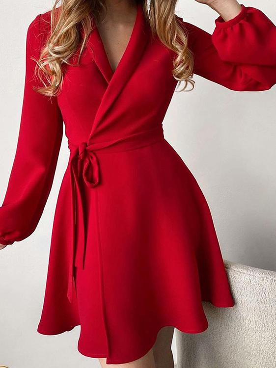 Temperament V-Neck Tie Long Sleeve Mini Dress