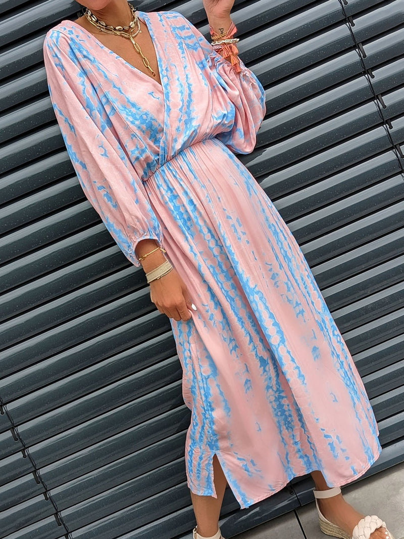 Women's Dresses Tie-Dye Print V-Neck Long Sleeve Dress